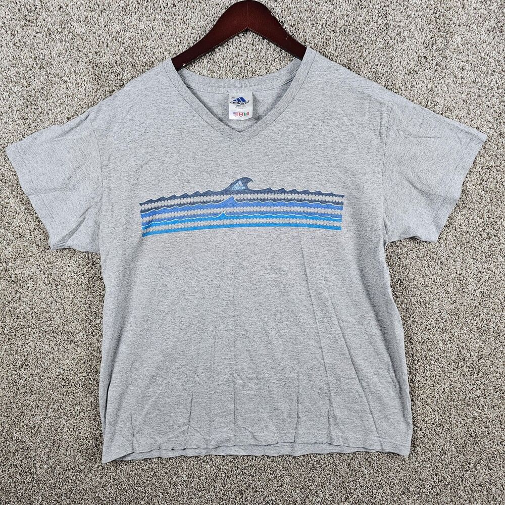 Vinage Adidas Shirt Adult XL Gray V Neck USA Made Graphic Waves Logo Mens 90s
